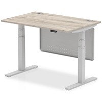 Air Modesty 1200mm Rectangular Cable Port Height Adjustable Desk, Silver Leg & Modesty Panel, Grey Oak