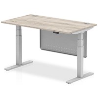 Air Modesty 1400mm Rectangular Cable Port Height Adjustable Desk, Silver Leg & Modesty Panel, Grey Oak Air Modesty 1400mm Rectangular Cable Port Height Adjustable Desk, Silver Leg & Modesty Panel, Grey Oak