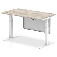 Air Modesty 1400mm Rectangular Cable Port Height Adjustable Desk, White Leg & Modesty Panel, Grey Oak Air Modesty 1400mm Rectangular Cable Port Height Adjustable Desk, White Leg & Modesty Panel, Grey Oak