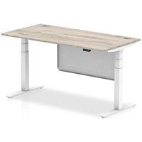 Air Modesty 1600mm Rectangular Cable Port Height Adjustable Desk, White Leg & Modesty Panel, Grey Oak