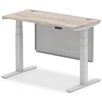 Air Modesty 1200mm Slim Rectangular Height Adjustable Desk, Silver Leg & Modesty Panel, Grey Oak