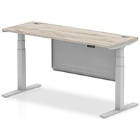Air Modesty 1600mm Slim Rectangular Height Adjustable Desk, Silver Leg & Modesty Panel, Grey Oak