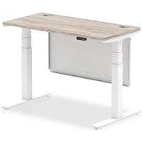 Air Modesty 1200mm Slim Rectangular Height Adjustable Desk, White Leg & Modesty Panel, Grey Oak