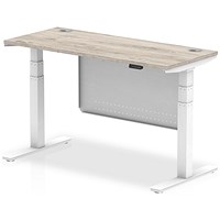 Air Modesty 1400mm Slim Rectangular Height Adjustable Desk, White Leg & Modesty Panel, Grey Oak Air Modesty 1400mm Slim Rectangular Height Adjustable Desk, White Leg & Modesty Panel, Grey Oak