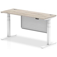 Air Modesty 1600mm Slim Rectangular Height Adjustable Desk, White Leg & Modesty Panel, Grey Oak