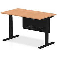 Air Modesty 1400mm Rectangular Height Adjustable Desk, Black Leg & Modesty Panel, Oak