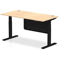 Air Modesty 1600mm Rectangular Cable Port Height Adjustable Desk, Black Leg & Modesty Panel, Maple