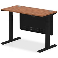 Air Modesty 1200mm Slim Rectangular Height Adjustable Desk, Black Leg & Modesty Panel, Walnut