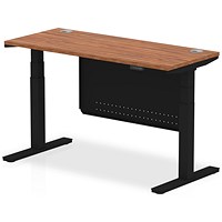 Air Modesty 1400mm Slim Rectangular Height Adjustable Desk, Black Leg & Modesty Panel, Walnut