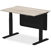 Air Modesty 1200mm Rectangular Height Adjustable Desk, Black Leg & Modesty Panel, Grey Oak