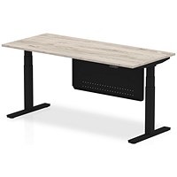 Air Modesty 1800mm Rectangular Height Adjustable Desk, Black Leg & Modesty Panel, Grey Oak