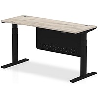 Air Modesty 1600mm Slim Rectangular Height Adjustable Desk, Black Leg & Modesty Panel, Grey Oak