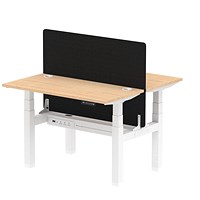 Air 2 Person Sit-Standing Bench Desk with Black Straight Screen, Back to Back, 2 x 1200mm (600mm Deep), White Frame, Maple Air 2 Person Sit-Standing Bench Desk with Black Straight Screen, Back to Back, 2 x 1200mm (600mm Deep), White Frame, Maple