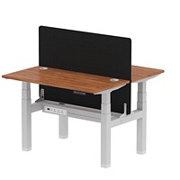 Air 2 Person Sit-Standing Bench Desk with Charcoal Straight Screen, Back to Back, 2 x 1200mm (600mm Deep), Silver Frame, Walnut