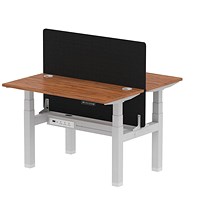 Air 2 Person Sit-Standing Bench Desk with Black Straight Screen, Back to Back, 2 x 1200mm (600mm Deep), Silver Frame, Walnut Air 2 Person Sit-Standing Bench Desk with Black Straight Screen, Back to Back, 2 x 1200mm (600mm Deep), Silver Frame, Walnut