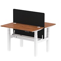 Air 2 Person Sit-Standing Bench Desk with Black Straight Screen, Back to Back, 2 x 1200mm (600mm Deep), White Frame, Walnut Air 2 Person Sit-Standing Bench Desk with Black Straight Screen, Back to Back, 2 x 1200mm (600mm Deep), White Frame, Walnut