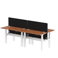 Air 4 Person Sit-Standing Bench Desk with Black Straight Screen, Back to Back, 4 x 1200mm (600mm Deep), White Frame, Walnut Air 4 Person Sit-Standing Bench Desk with Black Straight Screen, Back to Back, 4 x 1200mm (600mm Deep), White Frame, Walnut