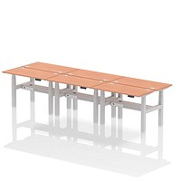 Air 6 Person Sit-Standing Bench Desk, Back to Back, 6 x 1200mm (600mm Deep), Silver Frame, Beech