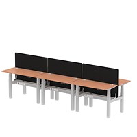 Air 6 Person Sit-Standing Bench Desk with Charcoal Straight Screen, Back to Back, 6 x 1200mm (600mm Deep), Silver Frame, Beech