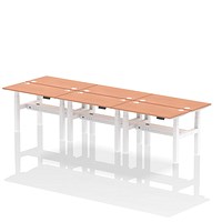 Air 6 Person Sit-Standing Bench Desk, Back to Back, 6 x 1200mm (600mm Deep), White Frame, Beech Air 6 Person Sit-Standing Bench Desk, Back to Back, 6 x 1200mm (600mm Deep), White Frame, Beech