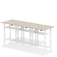 Air 6 Person Sit-Standing Bench Desk, Back to Back, 6 x 1200mm (600mm Deep), White Frame, Grey Oak