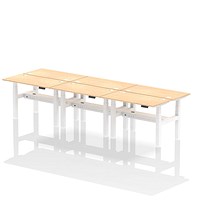 Air 6 Person Sit-Standing Bench Desk, Back to Back, 6 x 1200mm (600mm Deep), White Frame, Maple