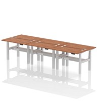 Air 6 Person Sit-Standing Bench Desk, Back to Back, 6 x 1200mm (600mm Deep), Silver Frame, Walnut Air 6 Person Sit-Standing Bench Desk, Back to Back, 6 x 1200mm (600mm Deep), Silver Frame, Walnut