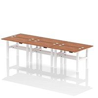 Air 6 Person Sit-Standing Bench Desk, Back to Back, 6 x 1200mm (600mm Deep), White Frame, Walnut Air 6 Person Sit-Standing Bench Desk, Back to Back, 6 x 1200mm (600mm Deep), White Frame, Walnut