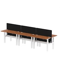 Air 6 Person Sit-Standing Bench Desk with Black Straight Screen, Back to Back, 6 x 1200mm (600mm Deep), White Frame, Walnut Air 6 Person Sit-Standing Bench Desk with Black Straight Screen, Back to Back, 6 x 1200mm (600mm Deep), White Frame, Walnut