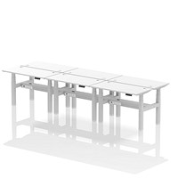 Air 6 Person Sit-Standing Bench Desk, Back to Back, 6 x 1200mm (600mm Deep), Silver Frame, White