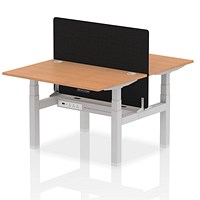 Air 2 Person Sit-Standing Bench Desk with Charcoal Straight Screen, Back to Back, 2 x 1200mm (800mm Deep), Silver Frame, Oak