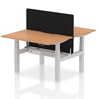 Air 2 Person Sit-Standing Scalloped Bench Desk with Charcoal Straight Screen, Back to Back, 2 x 1200mm (800mm Deep), Silver Frame, Oak