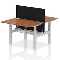 Air 2 Person Sit-Standing Bench Desk with Charcoal Straight Screen, Back to Back, 2 x 1200mm (800mm Deep), Silver Frame, Walnut