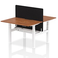 Air 2 Person Sit-Standing Scalloped Bench Desk with Black Straight Screen, Back to Back, 2 x 1200mm (800mm Deep), White Frame, Walnut Air 2 Person Sit-Standing Scalloped Bench Desk with Black Straight Screen, Back to Back, 2 x 1200mm (800mm Deep), White Frame, Walnut