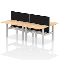 Air 4 Person Sit-Standing Scalloped Bench Desk with Black Straight Screen, Back to Back, 4 x 1200mm (800mm Deep), Silver Frame, Maple Air 4 Person Sit-Standing Scalloped Bench Desk with Black Straight Screen, Back to Back, 4 x 1200mm (800mm Deep), Silver Frame, Maple