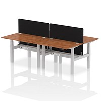 Air 4 Person Sit-Standing Bench Desk with Charcoal Straight Screen, Back to Back, 4 x 1200mm (800mm Deep), Silver Frame, Walnut