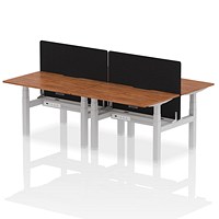 Air 4 Person Sit-Standing Scalloped Bench Desk with Black Straight Screen, Back to Back, 4 x 1200mm (800mm Deep), Silver Frame, Walnut Air 4 Person Sit-Standing Scalloped Bench Desk with Black Straight Screen, Back to Back, 4 x 1200mm (800mm Deep), Silver Frame, Walnut