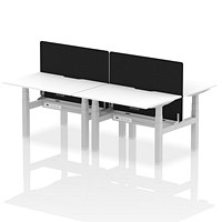 Air 4 Person Sit-Standing Scalloped Bench Desk with Charcoal Straight Screen, Back to Back, 4 x 1200mm (800mm Deep), Silver Frame, White