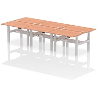 Air 6 Person Sit-Standing Bench Desk, Back to Back, 6 x 1200mm (800mm Deep), Silver Frame, Beech