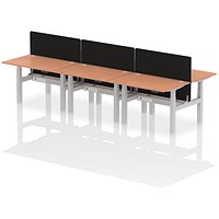 Air 6 Person Sit-Standing Bench Desk with Charcoal Straight Screen, Back to Back, 6 x 1200mm (800mm Deep), Silver Frame, Beech