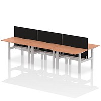 Air 6 Person Sit-Standing Scalloped Bench Desk with Charcoal Straight Screen, Back to Back, 6 x 1200mm (800mm Deep), Silver Frame, Beech