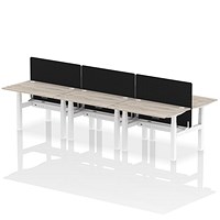 Air 6 Person Sit-Standing Bench Desk with Charcoal Straight Screen, Back to Back, 6 x 1200mm (800mm Deep), White Frame, Grey Oak