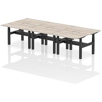 Air 6 Person Sit-Standing Scalloped Bench Desk, Back to Back, 6 x 1200mm (800mm Deep), Black Frame, Grey Oak