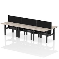 Air 6 Person Sit-Standing Scalloped Bench Desk with Charcoal Straight Screen, Back to Back, 6 x 1200mm (800mm Deep), Black Frame, Grey Oak