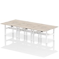 Air 6 Person Sit-Standing Scalloped Bench Desk, Back to Back, 6 x 1200mm (800mm Deep), White Frame, Grey Oak