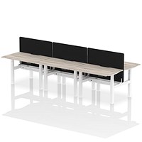 Air 6 Person Sit-Standing Scalloped Bench Desk with Charcoal Straight Screen, Back to Back, 6 x 1200mm (800mm Deep), White Frame, Grey Oak