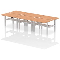 Air 6 Person Sit-Standing Bench Desk, Back to Back, 6 x 1200mm (800mm Deep), Silver Frame, Oak