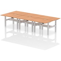 Air 6 Person Sit-Standing Scalloped Bench Desk, Back to Back, 6 x 1200mm (800mm Deep), Silver Frame, Oak