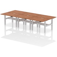 Air 6 Person Sit-Standing Scalloped Bench Desk, Back to Back, 6 x 1200mm (800mm Deep), Silver Frame, Walnut