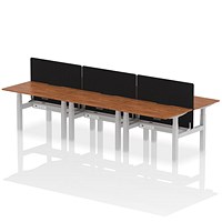 Air 6 Person Sit-Standing Scalloped Bench Desk with Black Straight Screen, Back to Back, 6 x 1200mm (800mm Deep), Silver Frame, Walnut Air 6 Person Sit-Standing Scalloped Bench Desk with Black Straight Screen, Back to Back, 6 x 1200mm (800mm Deep), Silver Frame, Walnut